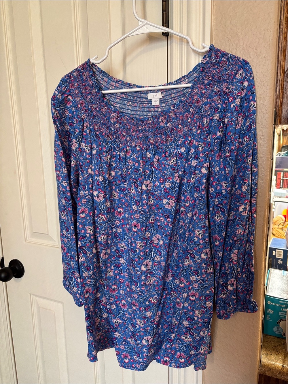 J. Jill Blue Floral Smocked Yoke Tunic with Pink Accents